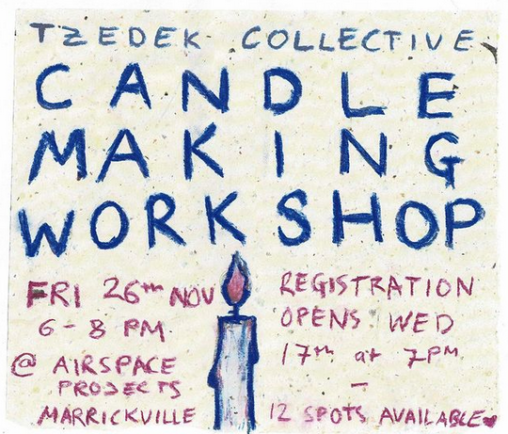 Candle making workshop illustration with one candle and handwritten text (in post)